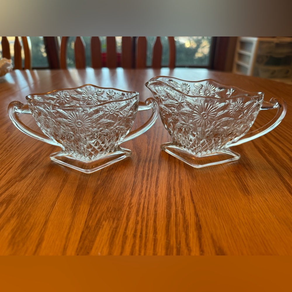 Vintage Indiana Glass Pineapple & Floral Diamond Shaped Creamer & Sugar Bowl